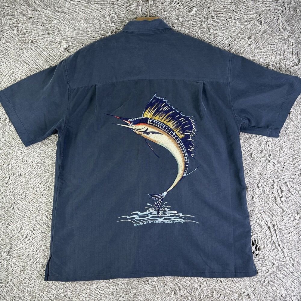 Bamboo Cay Hawaiian Shirt Mens Small Embroidered Marlin Navy Blue Short Sleeve